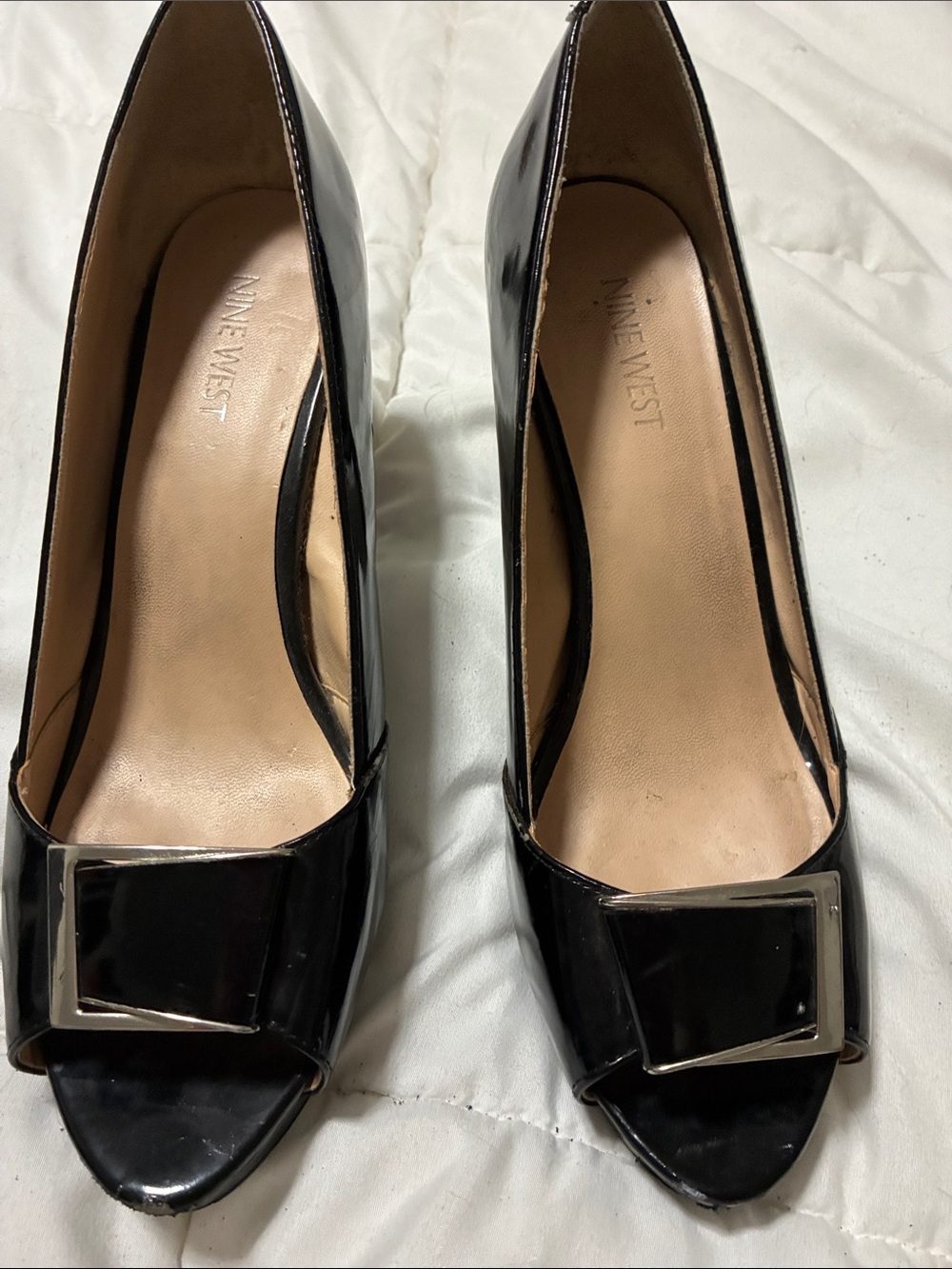 Nine West Black Patent Peep-Toe Pumps with Buckle Accent